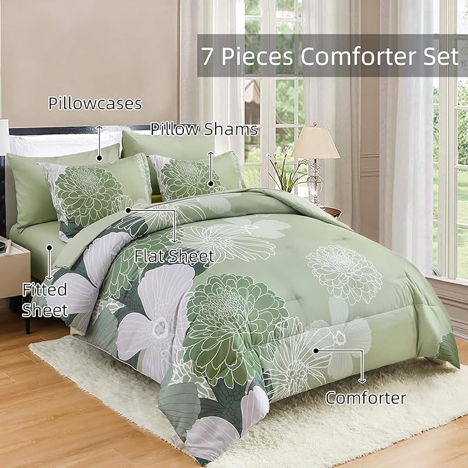 Yiran Bed in a Bag Green Comforter 7 Pieces Floral Bedding Set Soft Microfiber King Comforter Sets with 1 Comforter 1 Flat Sheet 1 Fitted Sheet 2 Pillowshams and 2 Pillowcases - LeafyLoom