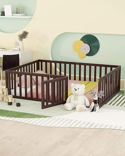 Multifunctional Full Size Floor Bed with Safety Guardrails and Door, Montessori Sturdy Solid Wood Beds Frame, Easy Assembly and No Spring Need, for Boys and Girls Room, Walnut - LeafyLoom