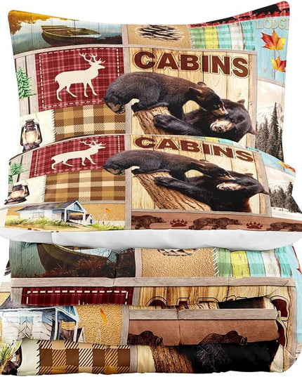 LUVIVIHOME 3PCS Rustic Cabin Comforter Set Queen Size, Bear Bedding Sets, Elk Deer Forest Woodland Animals Wildlife Hunting Country Farmhouse Red Buffalo Plaid Lodge Patchwork Quilt, 2 Pillow Shams - LeafyLoom