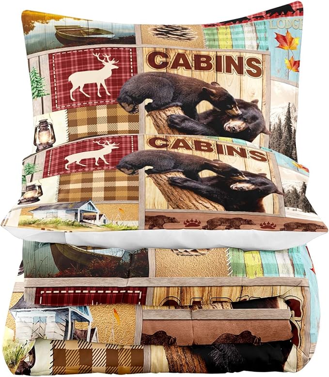 LUVIVIHOME 3PCS Rustic Cabin Comforter Set Queen Size, Bear Bedding Sets, Elk Deer Forest Woodland Animals Wildlife Hunting Country Farmhouse Red Buffalo Plaid Lodge Patchwork Quilt, 2 Pillow Shams - LeafyLoom
