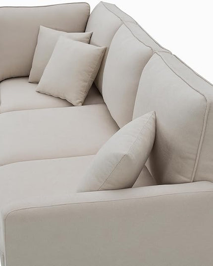 90" Modern L-Shape Sectional Sofa with Chaise Lounge,5-Seat Practical Couch Set W/ 3 Pillows,7''Leg Height,Minimalist Style,Indoor Furniture for Living Room Apartment Office,Beige Terrycloth - LeafyLoom