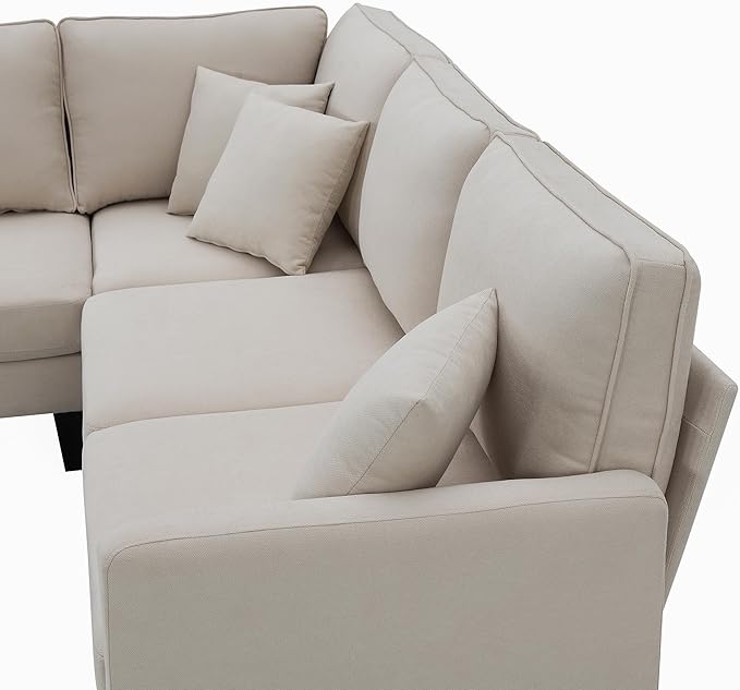90" Modern L-Shape Sectional Sofa with Chaise Lounge,5-Seat Practical Couch Set W/ 3 Pillows,7''Leg Height,Minimalist Style,Indoor Furniture for Living Room Apartment Office,Beige Terrycloth - LeafyLoom