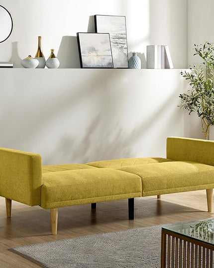 Folding Futon Sofa Tapered Wood Legs,Modern Space Saving Couch,Easily Converts to Single Bed,Easy Assembly,Multi-Functional Loveseat Ideal for Small Home Living Room,Yellow, 76" - LeafyLoom