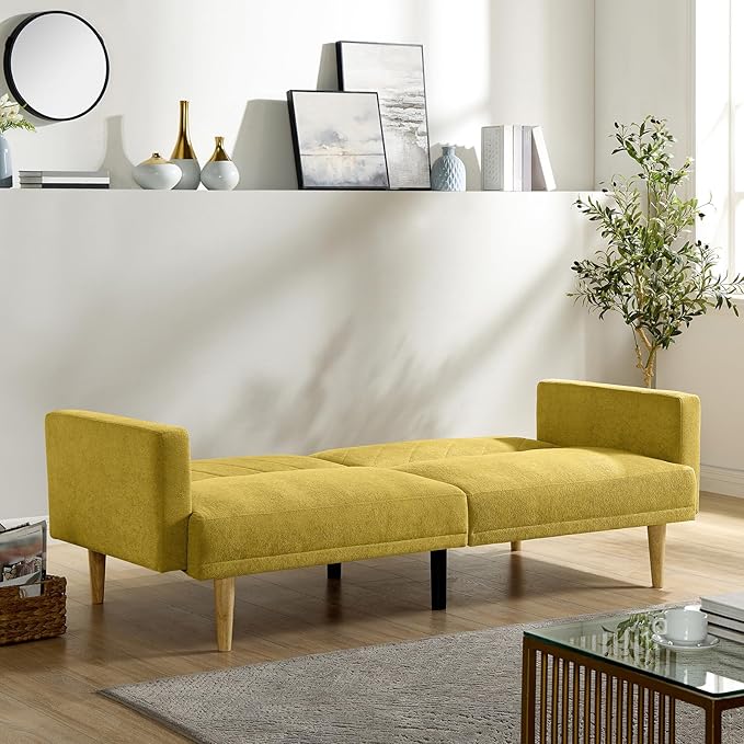 Folding Futon Sofa Tapered Wood Legs,Modern Space Saving Couch,Easily Converts to Single Bed,Easy Assembly,Multi-Functional Loveseat Ideal for Small Home Living Room,Yellow, 76" - LeafyLoom