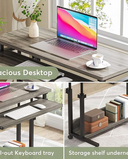 Tribesigns Portable Desk for Sofa and Bed, Height Adjustable Mobile Laptop Table Small Standing Desk Rolling Computer Cart with Keyboard Tray on Wheels for Home Office (Grey) - LeafyLoom
