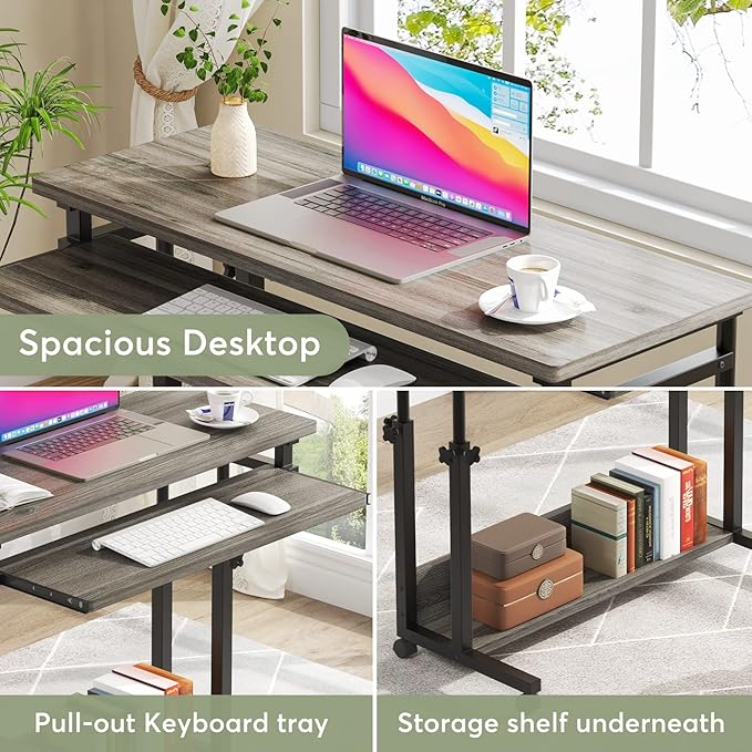 Tribesigns Portable Desk for Sofa and Bed, Height Adjustable Mobile Laptop Table Small Standing Desk Rolling Computer Cart with Keyboard Tray on Wheels for Home Office (Grey) - LeafyLoom