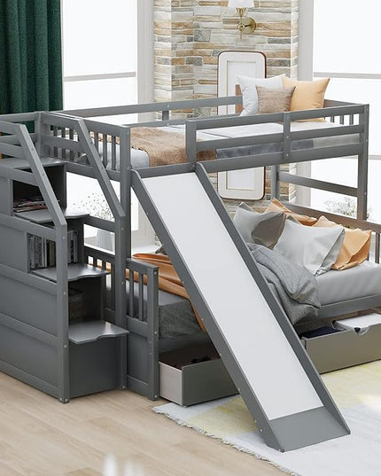 Multifunction Twin Over Full Bunk Bed with Storage Staircase/Two Drawers/Slide/High Guardrail, Solid Wood Bunkbed Furniture for Kids/Teens Bedroom, No Box Spring Needed, Gray - LeafyLoom