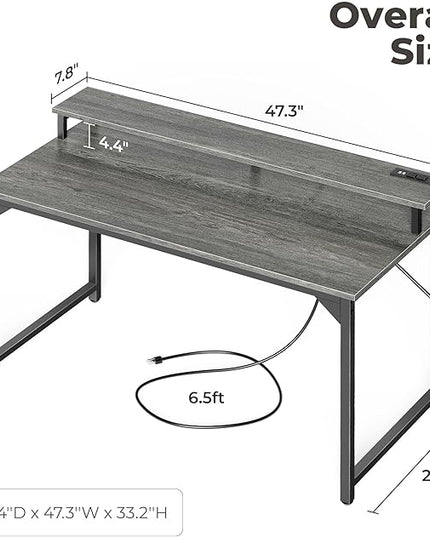 SUPERJARE 47 inch Computer Desk with LED Lights & Power Outlets, Home Office Desk with Monitor Shelf, Small Desk for Home & Office, Grey - LeafyLoom