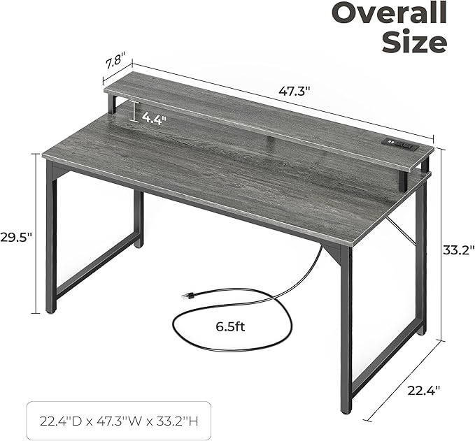 SUPERJARE 47 inch Computer Desk with LED Lights & Power Outlets, Home Office Desk with Monitor Shelf, Small Desk for Home & Office, Grey - LeafyLoom