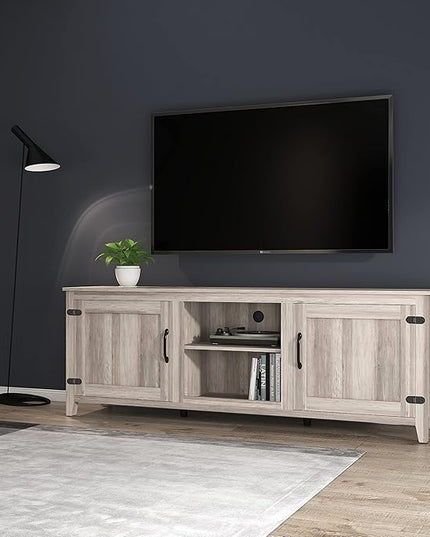 Entertainment Stand with 4 Storage Compartments, Media Center Console Table 60", Flat Screen TV Cabinet w/2 Doors for Living Room, 70 inch, Gray - LeafyLoom