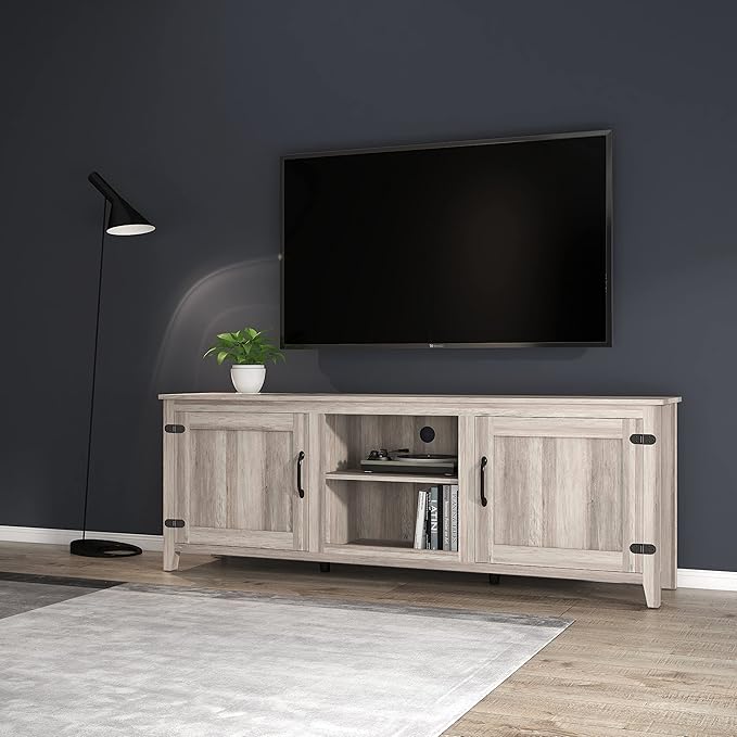 Entertainment Stand with 4 Storage Compartments, Media Center Console Table 60", Flat Screen TV Cabinet w/2 Doors for Living Room, 70 inch, Gray - LeafyLoom