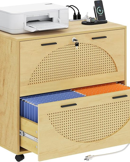 YITAHOME 2 Drawer File Cabinet with Charging Station, Rattan Filing Cabinet with Lock, Wood File Cabinet with Wheels, Home Office Furniture Fits A4, Letter, Legal Size Files - LeafyLoom
