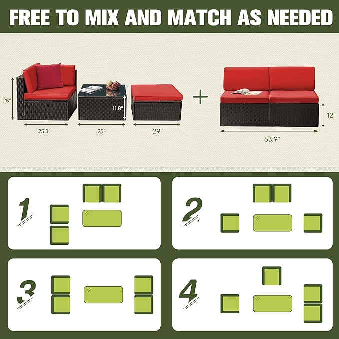 Greesum 2 Piece Patio Conversation Set Wicker Rattan Furniture Outdoor Sofa with Cushions,Pillows and Glass Table for Porch,Lawn and Yard, Red - LeafyLoom