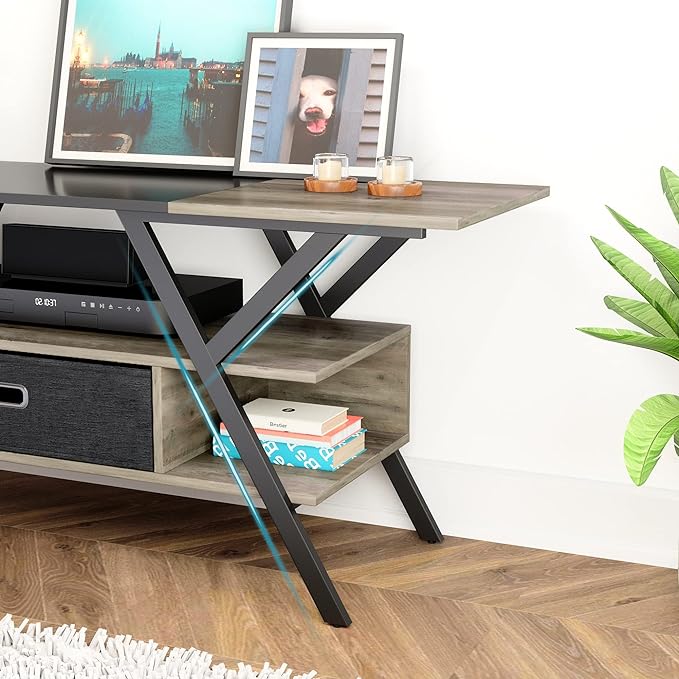 Bestier LED TV Stand for Bedroom TV Entertainment Center 55 inch for TV up to 65 in, Gaming TV Console W/Fabric Drawer Storage for Living Room with LED Lights 20 Modes, Wash Gray - LeafyLoom