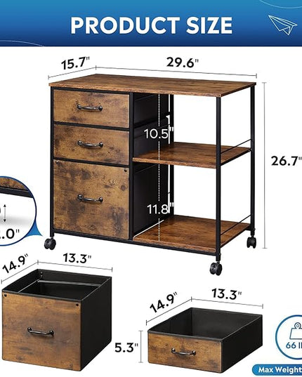 DEVAISE 3 Drawer Mobile File Cabinet, Rolling Printer Stand with Open Storage Shelf, Fabric Lateral Filing Cabinet fits A4 or Letter Size for Home Office, Rustic Brown Wood Grain Print - LeafyLoom