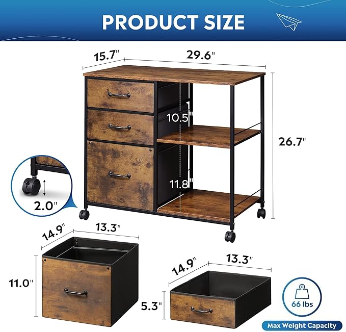 DEVAISE 3 Drawer Mobile File Cabinet, Rolling Printer Stand with Open Storage Shelf, Fabric Lateral Filing Cabinet fits A4 or Letter Size for Home Office, Rustic Brown Wood Grain Print - LeafyLoom