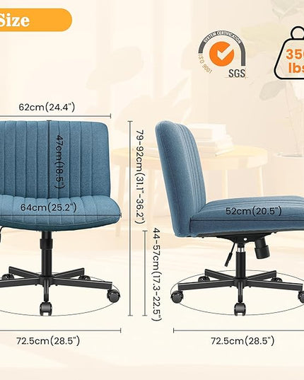 Armless Office Chair with Wheels, Ergonomic Wide Seat Fabric Cross Legged Desk Chair, Swivel Computer Chair for Home Office, Modern Vanity Chair Navy Blue - LeafyLoom
