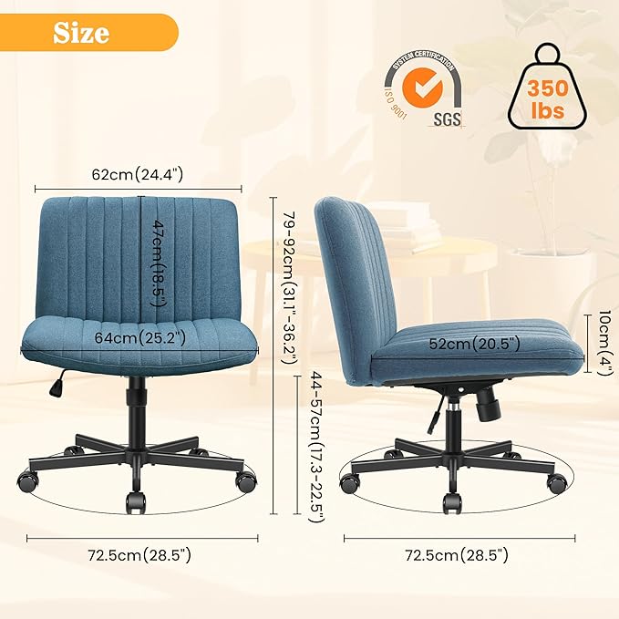 Armless Office Chair with Wheels, Ergonomic Wide Seat Fabric Cross Legged Desk Chair, Swivel Computer Chair for Home Office, Modern Vanity Chair Navy Blue - LeafyLoom