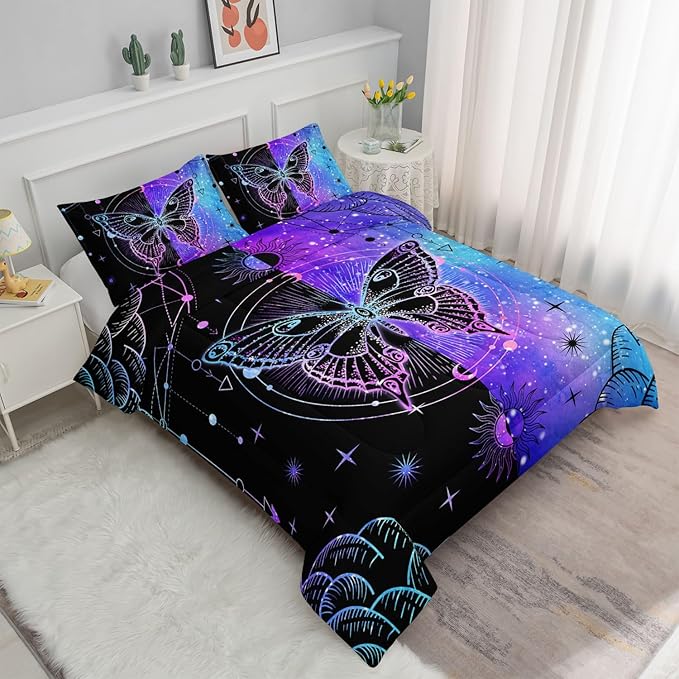 Datura home Black Blue Butterfly Comforter Set for Girls Women,Boho Butterfly Sun and Moon Mandala Printed Bedding Set with 2 Pillowcases(Black Blue Twin) - LeafyLoom