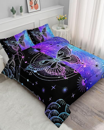 Datura home Black Blue Butterfly Comforter Set for Girls Women,Boho Butterfly Sun and Moon Mandala Printed Bedding Set with 2 Pillowcases(Black Blue Queen) - LeafyLoom