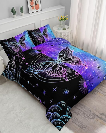 Datura home Black Blue Butterfly Comforter Set for Girls Women,Boho Butterfly Sun and Moon Mandala Printed Bedding Set with 2 Pillowcases(Black Blue Full) - LeafyLoom