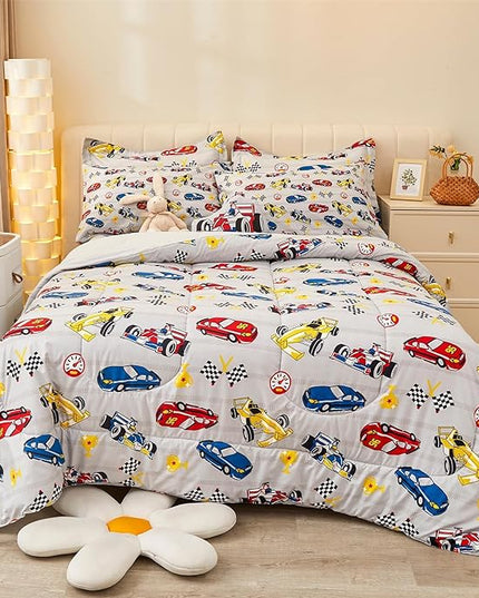 Mooreeke Twin Size Comforter Sets for Boys Kids, 6 Pieces Bed in a Bag Racing Car Bedding Comforter Sheet Set with Shams and Decorative Toy Pillow, Ultral Soft Microfiber Kids Bed Set - LeafyLoom