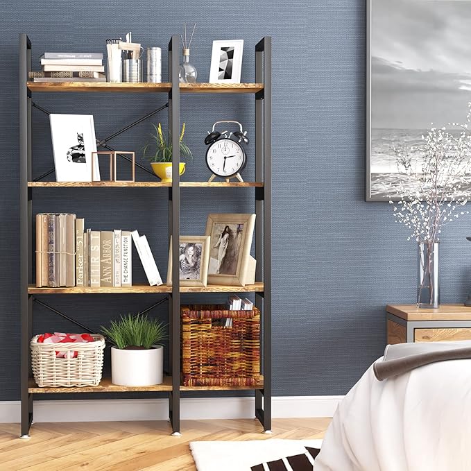 4 Tier Bookcase and Bookshelf, Rustic Industrial Bookshelf, Large Etagere Bookshelf Open Display Shleves with Metal Frame for Living Room Bedroom Home Office, Rustic Brown - LeafyLoom