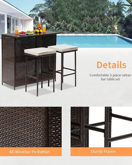 Wicker Patio Furniture 3 Piece Patio Set Chairs Wicker Outdoor Rattan Conversation Sets Bistro Set Coffee Table for Yard or Backyard - LeafyLoom
