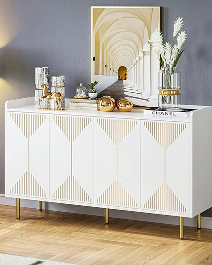 YITAHOME Sideboard Buffet, Modern Buffet Cabinet Storage Cabinet with Carved Design Doors 300 lbs Capacity for Hallway, Entryway, Kitchen or Living Room, White - LeafyLoom