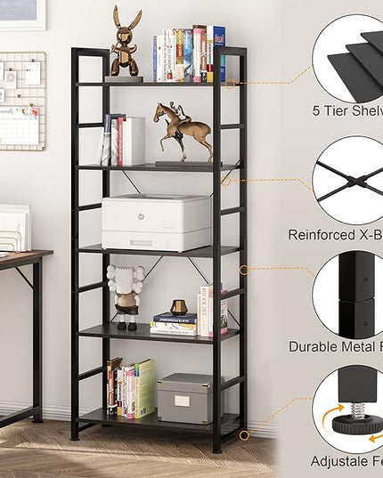 VERMESS Bookshelf Black, 5 Tier Shelving Unit Tall Book Shelf, Wood Bookcase with Open Shelves, Industrial Standing Storage Bookshelves Metal Display Rack for Living Room, Bedroom, Home, Office - LeafyLoom