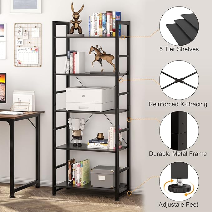 VERMESS Bookshelf Black, 5 Tier Shelving Unit Tall Book Shelf, Wood Bookcase with Open Shelves, Industrial Standing Storage Bookshelves Metal Display Rack for Living Room, Bedroom, Home, Office - LeafyLoom