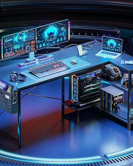 ODK 55 Inch L Shaped Gaming Computer Desk with Power Outlets,Corner Desk with Reversible Storage Shelves & PC Stand for Small Space, Modern Simple Home Office Table, Carbon Fiber Surface, Black - LeafyLoom