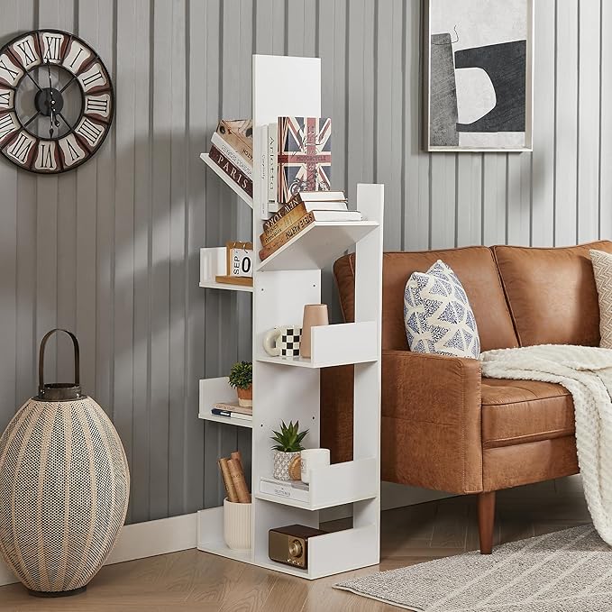 VECELO Tree Bookshelf,8 Shelf Storages Bookcase,Industrial Wooden Book Display Shelves for CDs/Movies/Books,FreeStanding Tree-Shaped Book Case Organizers for Home Office,Living Room,Ivory White - LeafyLoom