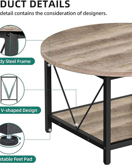 YITAHOME Round Coffee Table,Rustic Wood Coffee Tables for Living Room with Storage Shelf, Modern Farmhouse Circle Coffee Table Center with Sturdy Metal Legs Home Furniture, Grey Wash - LeafyLoom