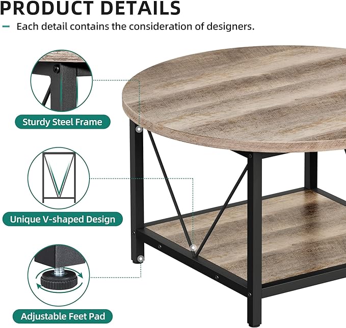 YITAHOME Round Coffee Table,Rustic Wood Coffee Tables for Living Room with Storage Shelf, Modern Farmhouse Circle Coffee Table Center with Sturdy Metal Legs Home Furniture, Grey Wash - LeafyLoom