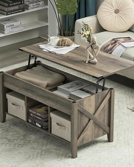 VINGLI Farmhouse Lift Top Coffee Table, Rustic Grey Coffee Table with Lift Top, Lift Up Pop Up Coffee Table with Storage Shelf/Hidden Compartment, Gas Lift Coffee Table Mesa De Centro Para Sala - LeafyLoom