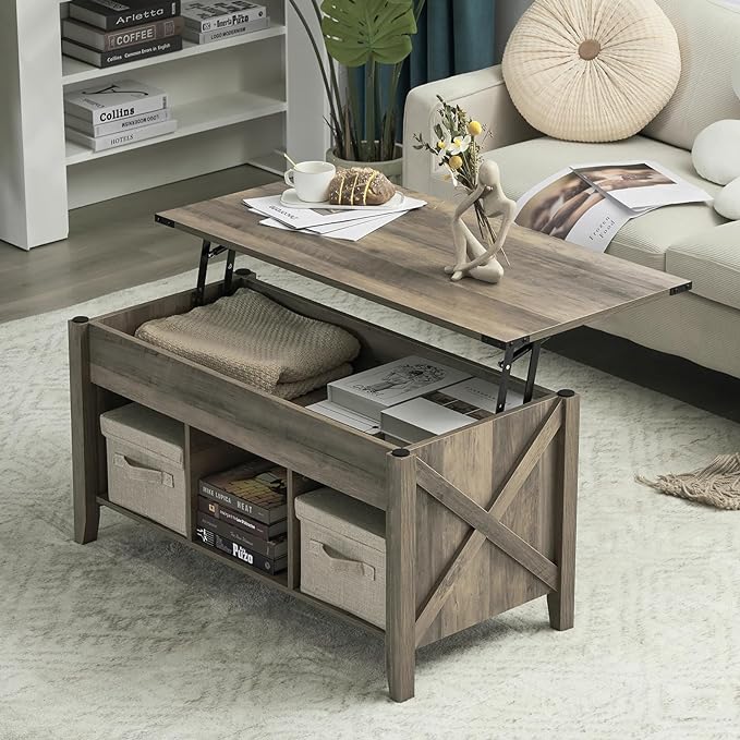 VINGLI Farmhouse Lift Top Coffee Table, Rustic Grey Coffee Table with Lift Top, Lift Up Pop Up Coffee Table with Storage Shelf/Hidden Compartment, Gas Lift Coffee Table Mesa De Centro Para Sala - LeafyLoom