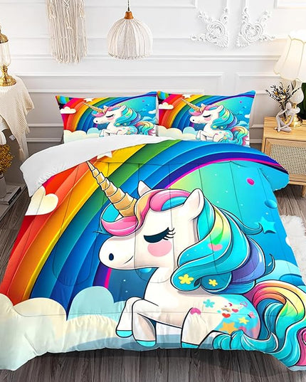 Rainbow Unicorn Bedding Sets Queen Size Comforter Set for Girls Kids Children Teens Boys Cartoon Unicorn Colorful Starry Blue Glitter Quilt 1 Comforter + 2 Pillow Cases - LeafyLoom