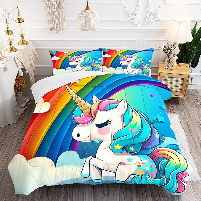 Unicorn Bedding Full Size Rainbow Comforter Set for Girls Kids Children Boys Teens Cartoon Unicorn Colorful Starry Blue Glitter Quilt 1 Comforter + 2 Pillow Cases - LeafyLoom