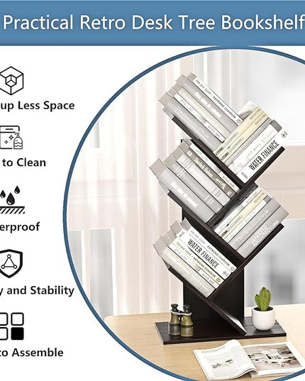 5-Shelf Tree Bookshelf Free Standing Small Book Shelf Narrow Wood Bookcase Floor Standing Book Shelf Modern Book Storage Organizer for Home Office Bedroom Living Room Black - LeafyLoom