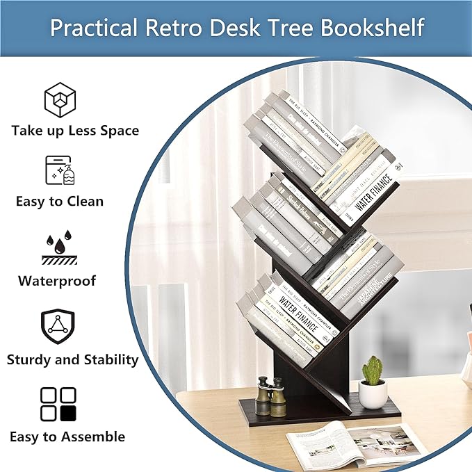 5-Shelf Tree Bookshelf Free Standing Small Book Shelf Narrow Wood Bookcase Floor Standing Book Shelf Modern Book Storage Organizer for Home Office Bedroom Living Room Black - LeafyLoom