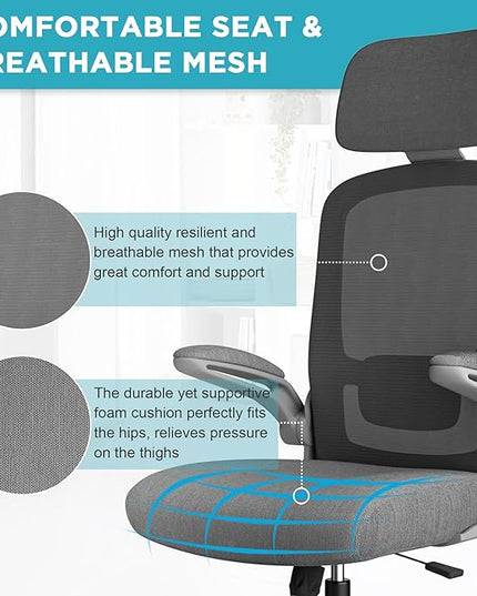 Mimoglad Office Chair, High Back Ergonomic Desk Chair with Adjustable Lumbar Support and Headrest, Swivel Task Chair with flip-up Armrests for Guitar Playing, 5 Years Warranty - LeafyLoom