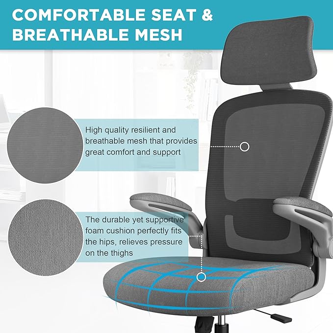 Mimoglad Office Chair, High Back Ergonomic Desk Chair with Adjustable Lumbar Support and Headrest, Swivel Task Chair with flip-up Armrests for Guitar Playing, 5 Years Warranty - LeafyLoom