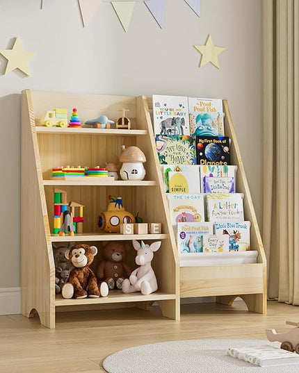 Kids Bookshelf, Solid Wood Bookshelf Bookcase Storage Organizer for Children, 4 Tier Bookshelf 5 Layer Sling Bookcase Toddler Book Rack Storage Organizer for Kids Room Nursery Play Room Kindergarten - LeafyLoom