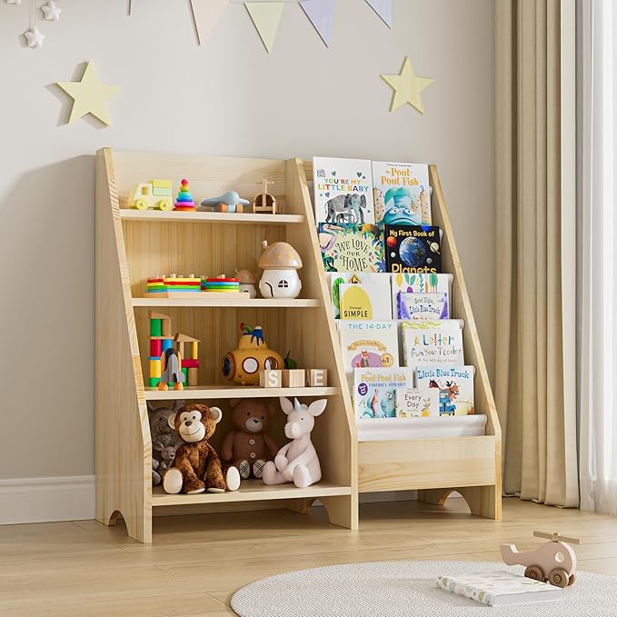 Kids Bookshelf, Solid Wood Bookshelf Bookcase Storage Organizer for Children, 4 Tier Bookshelf 5 Layer Sling Bookcase Toddler Book Rack Storage Organizer for Kids Room Nursery Play Room Kindergarten - LeafyLoom