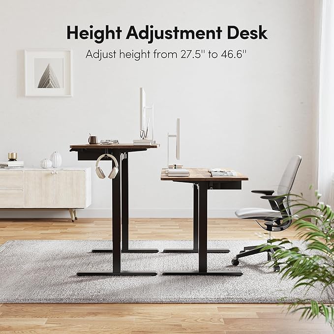 BANTI Electric Standing Desk with Drawer, Adjustable Height Sit Stand Up Desk, Home Office Desk Computer Workstation, 48x24 Inches, Vintage Brown - LeafyLoom