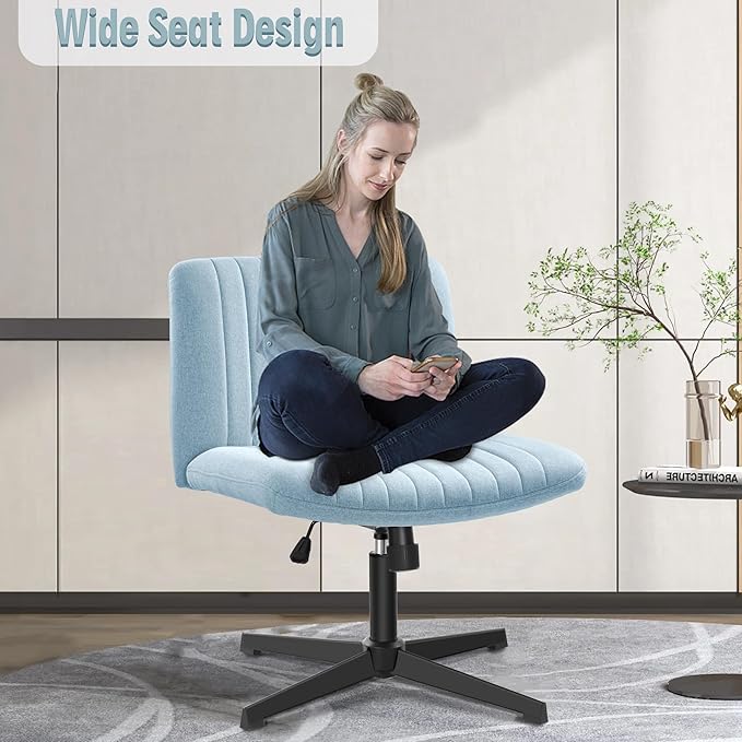 Armless Office Chair no Wheels, Ergonomic Wide Seat Swivel Desk Chair, Height Adjustable Cross Legged Comfortable Computer Chair for Living Room, Vanity Accent Chair LightBlue - LeafyLoom