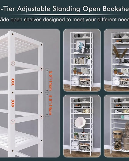 Bookshelf, 6-Tier Tall Bookcase Freestanding Bamboo Book Shelf Bathroom Storage Organizer with Adjustable Shelves, White - LeafyLoom