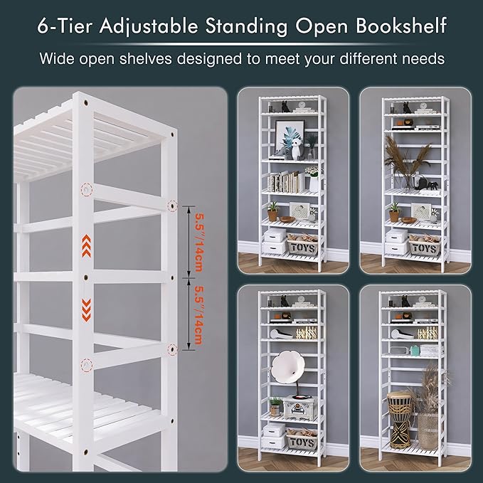 Bookshelf, 6-Tier Tall Bookcase Freestanding Bamboo Book Shelf Bathroom Storage Organizer with Adjustable Shelves, White - LeafyLoom