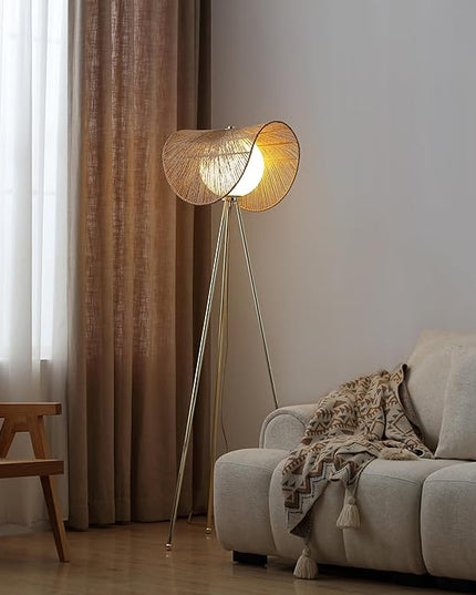 Sovev 62.87 in. Brass Bohemian Floor Lamp for Living Room with Opal Glass Rattan Shade - LeafyLoom